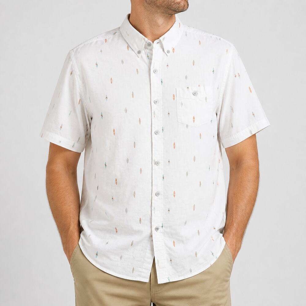Weatherproof Vintage Shirt Mens XL White Linen Cotton Surfboard Print Button Up